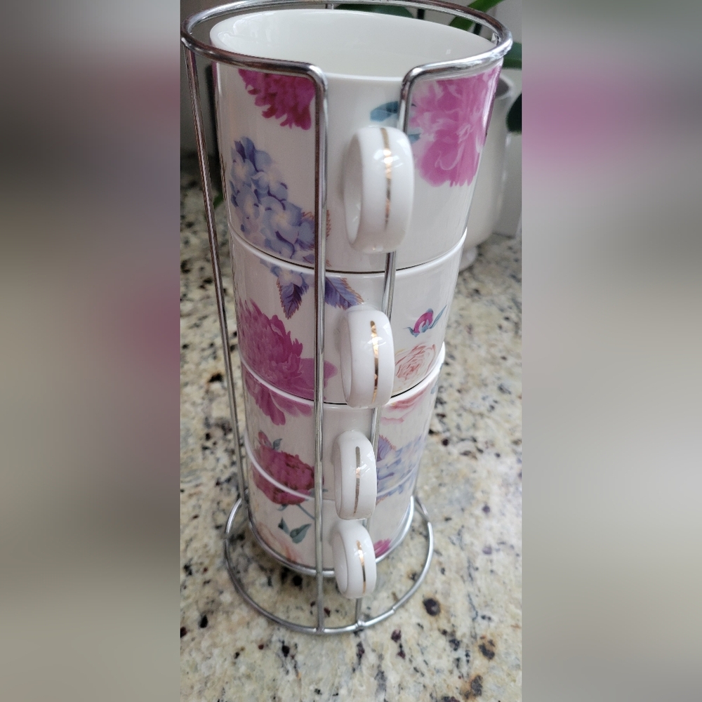 Floral Stackable Mug Set with Stand - Picture 2 of 7